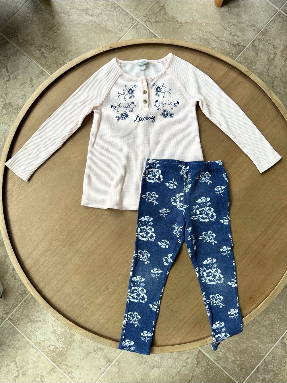 Lucky Brand Girls 2-Piece Floral Thermal Top & Leggings Set, Size 5, Pink/Navy